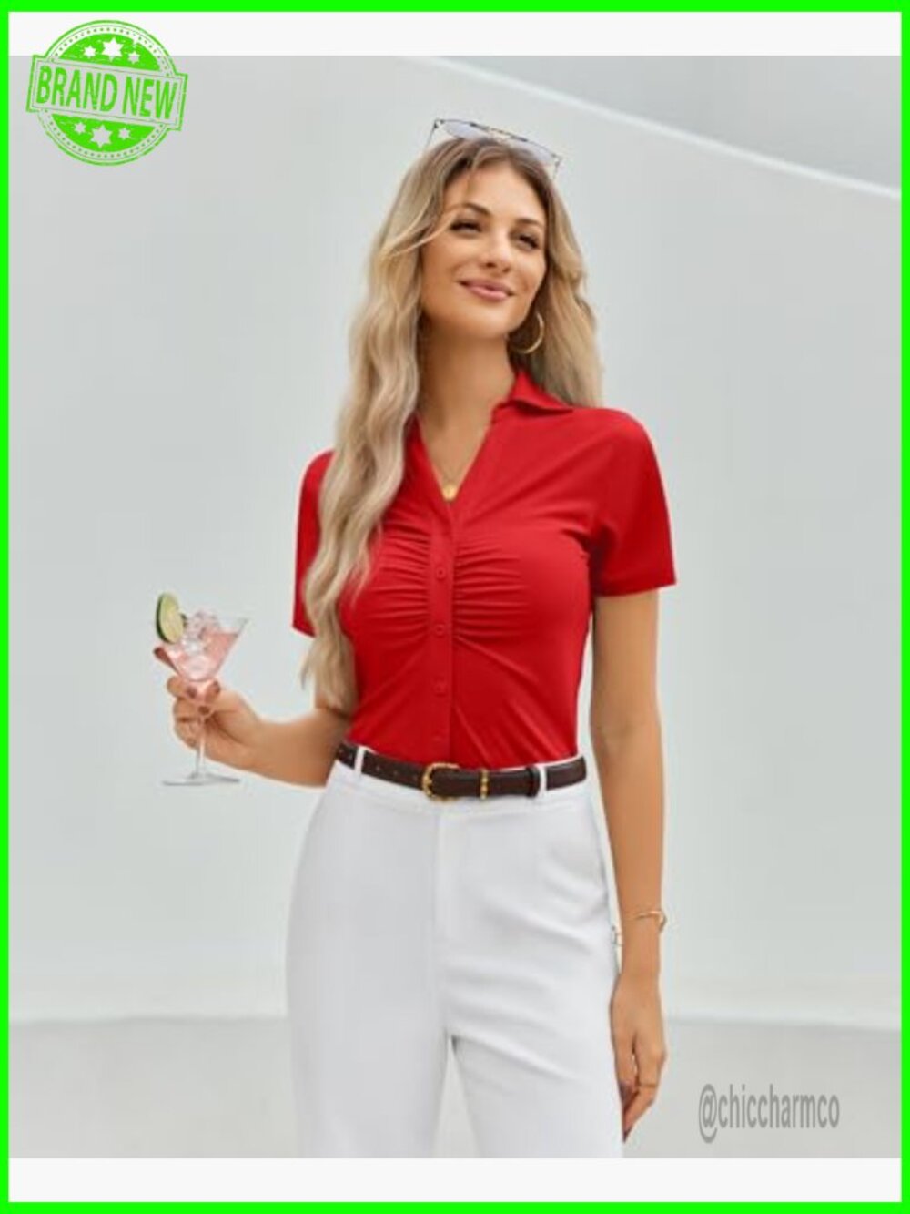 Short Sleeve Button Down Ruched Top Y2K Fitted Blouse - Picture 4 of 7